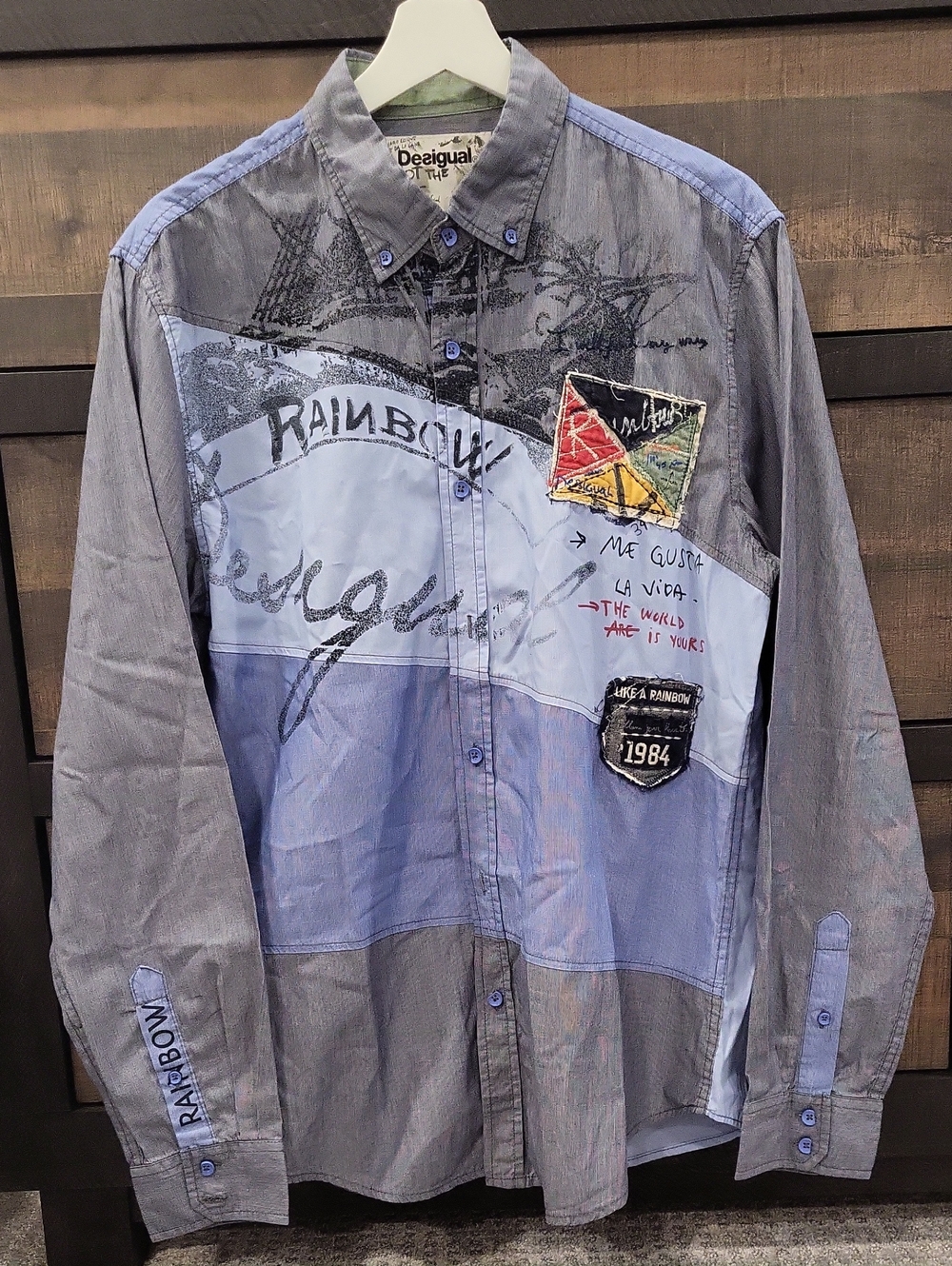 Desigual Men's Patchwork Blue and Gray Graphic Button-Down Shirt